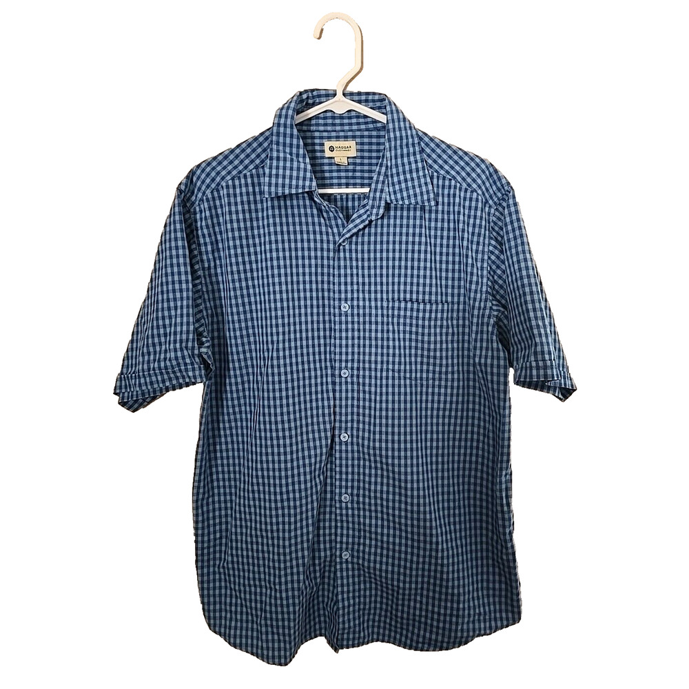 Haggar Blue Gingham Pocket Short Sleeve Casual Button Down Shirt Mens Size Large